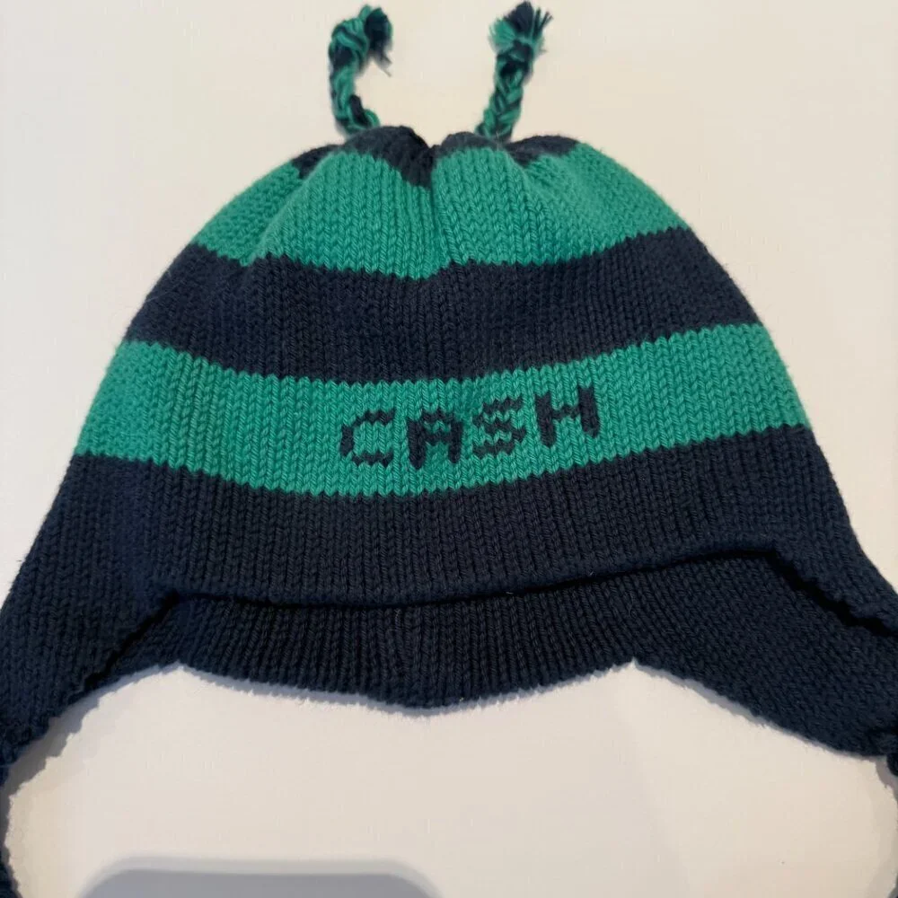 Set of 2 Navy Blue, Light Blue & Green Striped Cotton Knit Baby Kids Earflap Hat